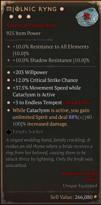 925 4GA MJOLNIC RYNG/+203 Willpower/+12.0% Critical Strike Chance/+37.5% Movement Speed whileCataclysm is Active/+3 to Endless Tempest
